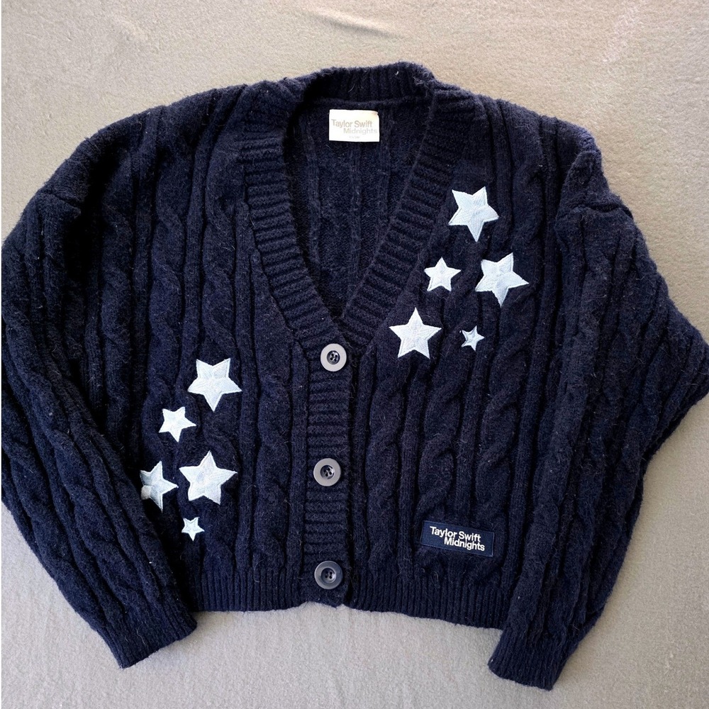 Taylor Swift Midnights Cardigan Navy Blue Star Embroidered Cable Knit XS/SM